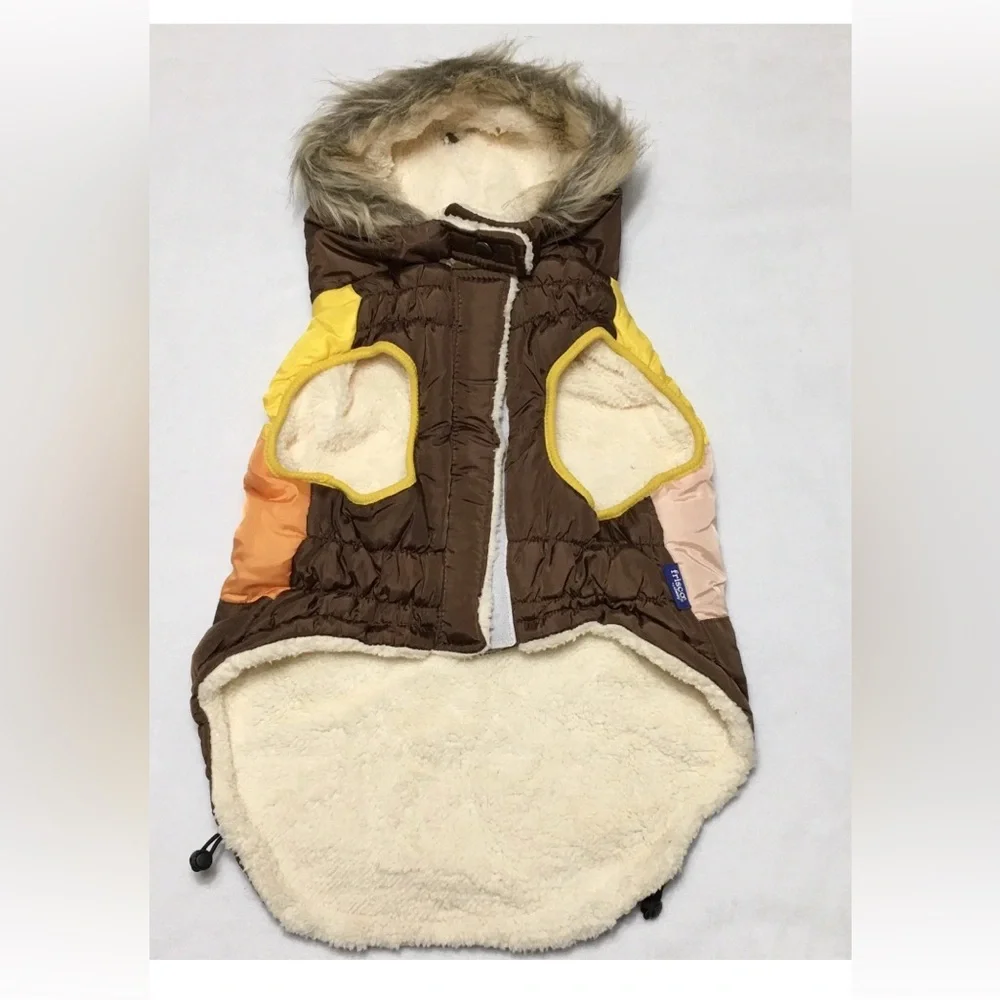 Frisco Pet Apparel XL Dog Brown Colorblock Parka Faux Fur Trim Hood Winter Coat